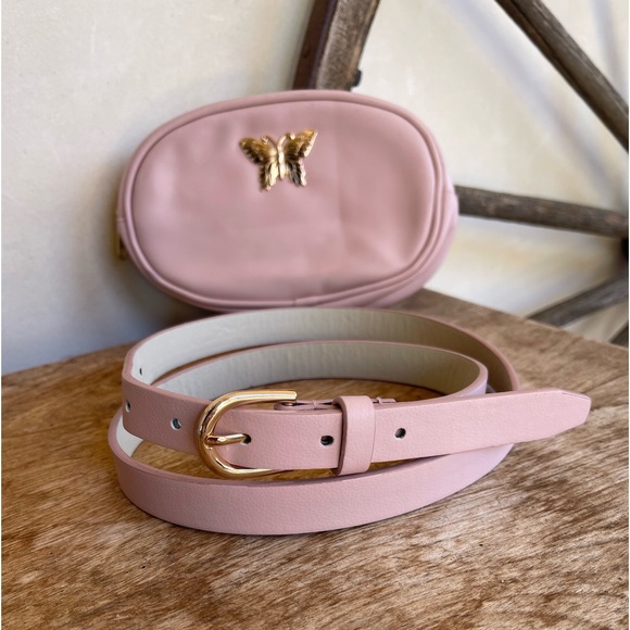 BELT & BELT BAG Very Cute Pink Vegan Leather Rose Gold Butterfly & Buckle XL NEW - Picture 4 of 10